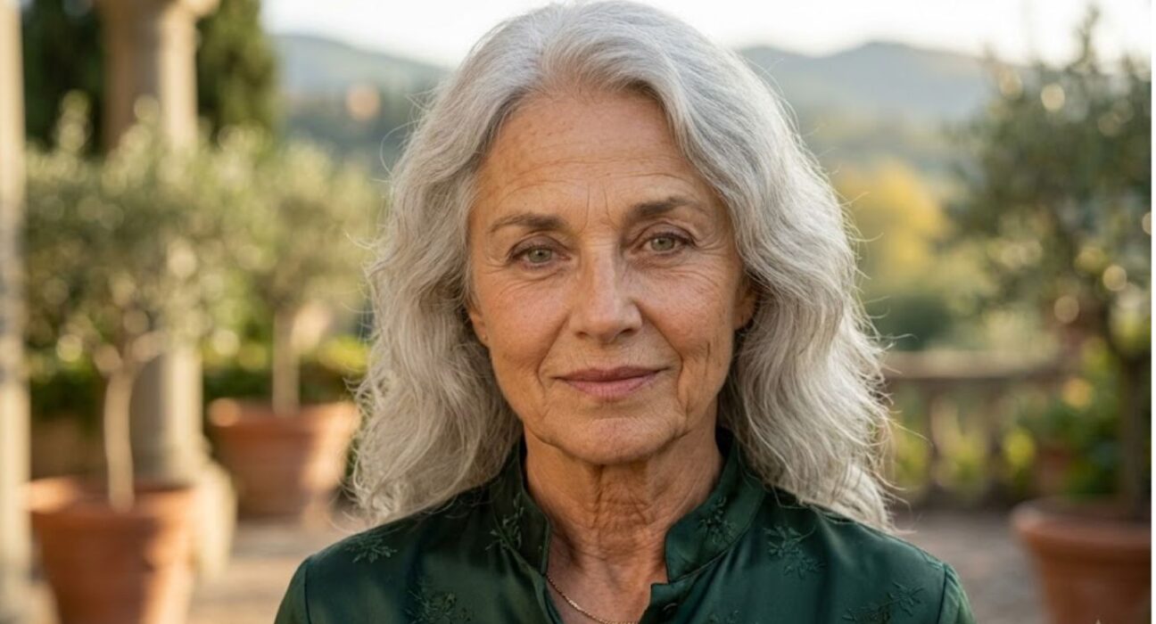 Jeannine Belleguic wearing a dark green embroidered top
