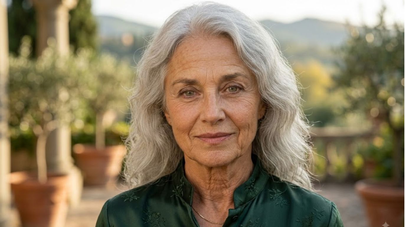 Jeannine Belleguic wearing a dark green embroidered top
