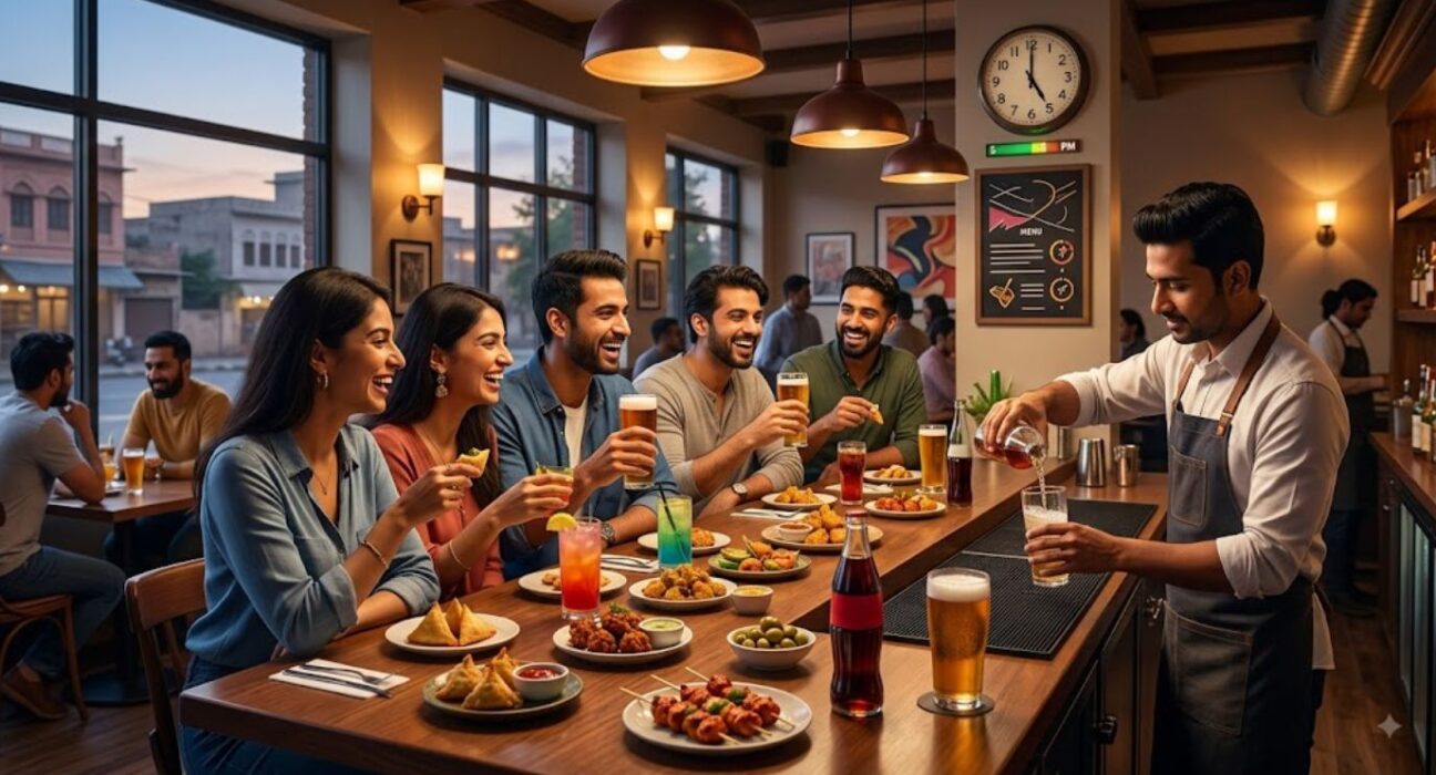 Happy hour with friends enjoying drinks and food together