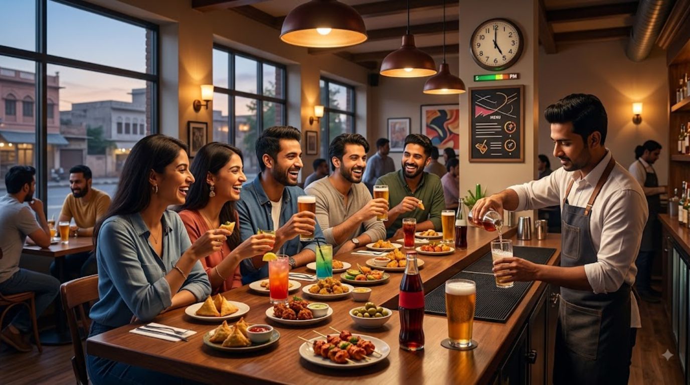 Happy hour with friends enjoying drinks and food together
