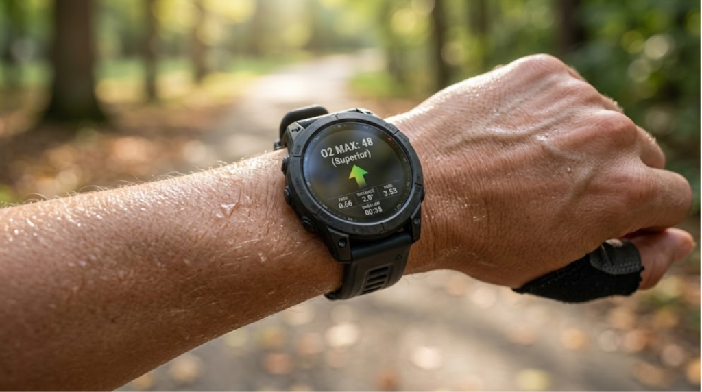 A sports smartwatch displaying O2 Maximum fitness metrics.