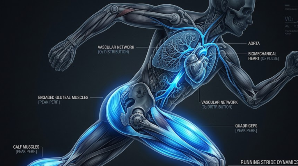 An anatomical diagram showing O2 Maximum delivery in runner.