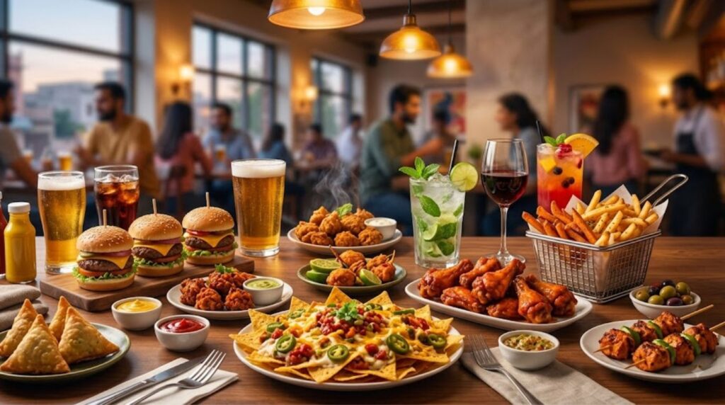 Happy hour with drinks, burgers, wings, and tasty food