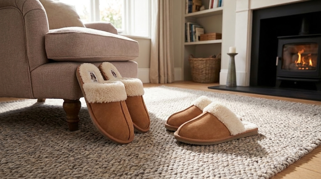 Hush Puppies suede mule slippers arranged on showroom display