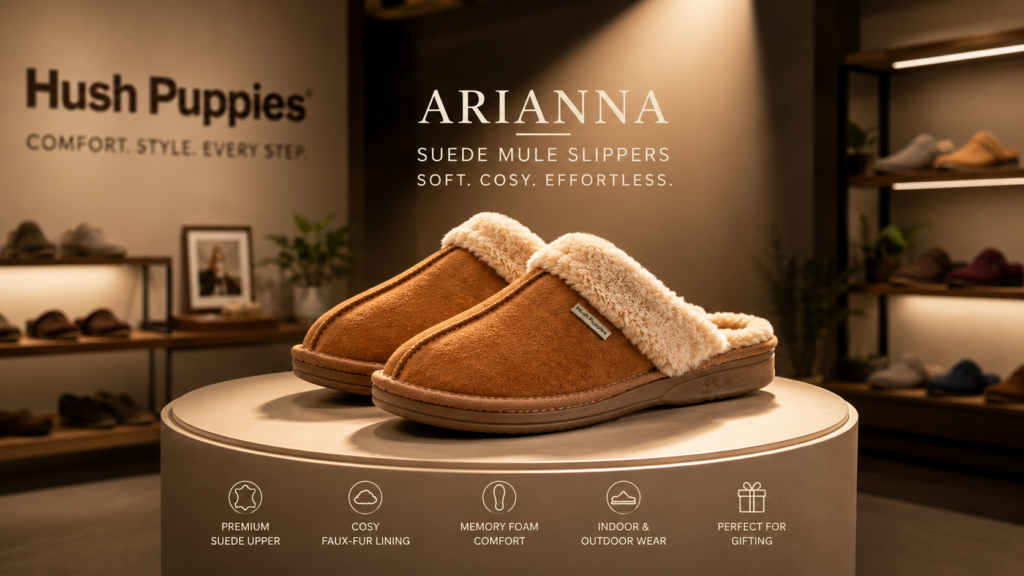 Colorful Arianna suede mule slippers under showroom lights