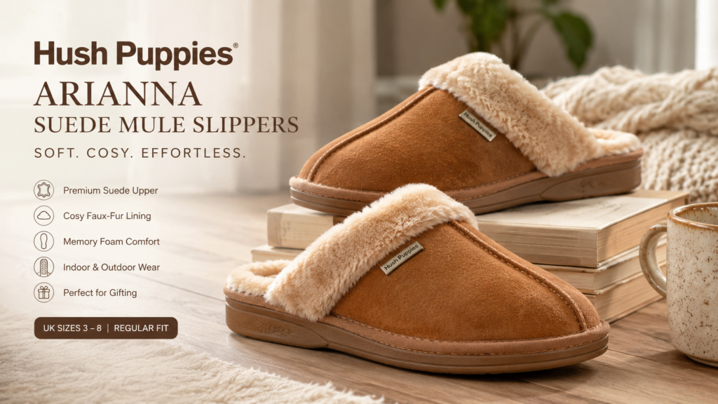 Hush Puppies Arianna suede mule slippers displayed in a luxury showroom