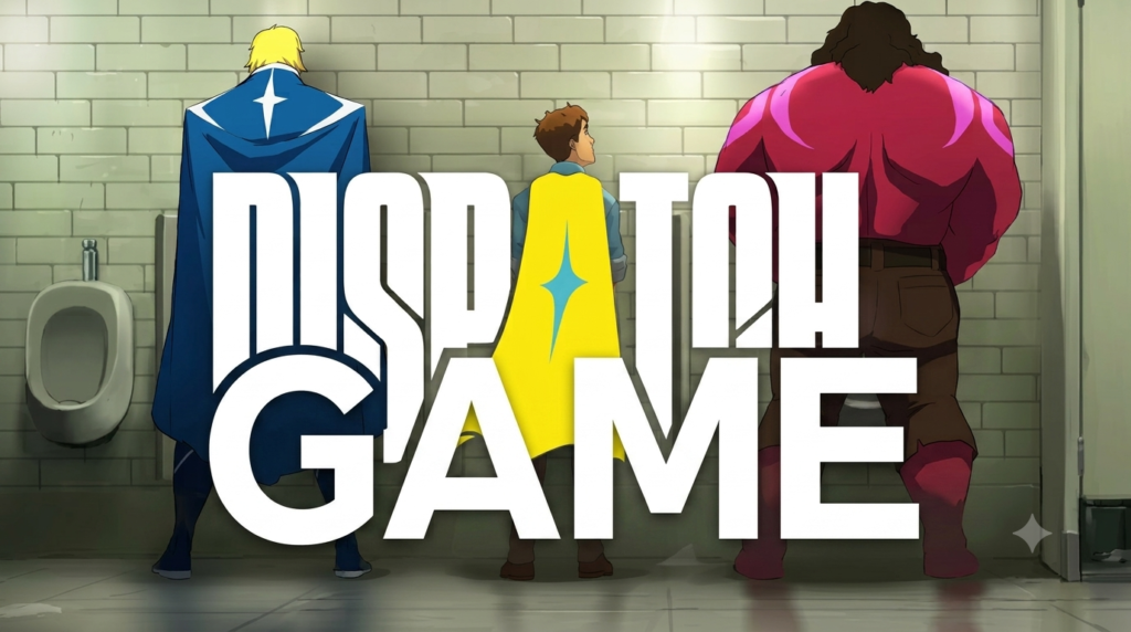 Superheroes at urinals with bold Dispatch Game text overlay.
