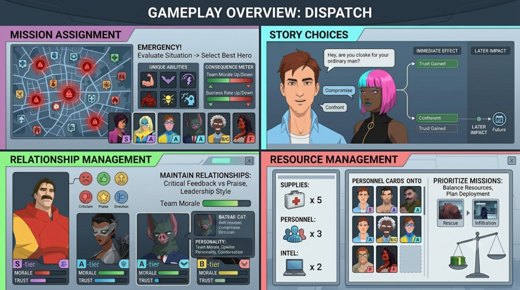 Dispatch game UI breakdown showing mechanics and choices.