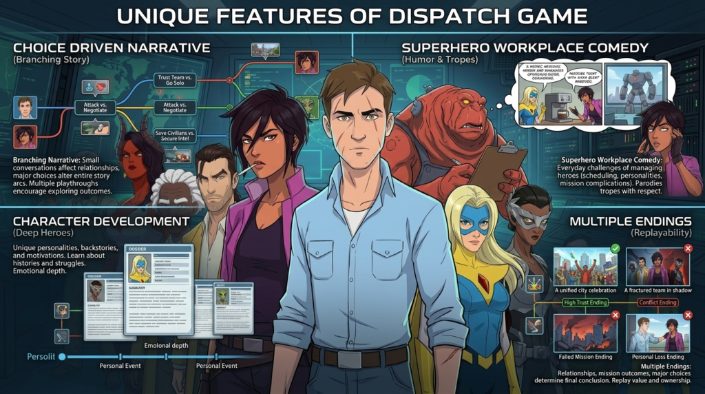 Dispatch game character cast with four key feature panels.