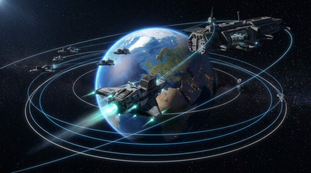 Orbital carrier and spacecraft following different orbital paths around Earth